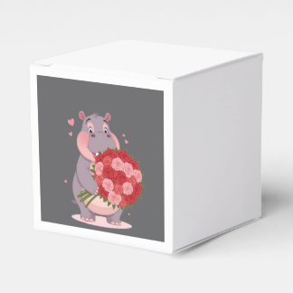 Smiling cartoon hippo holding a huge bouquet favour box