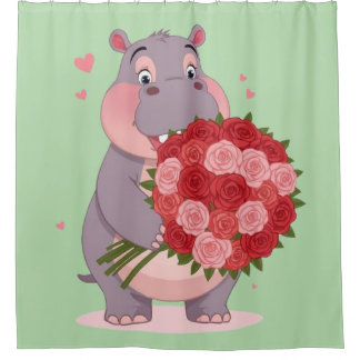 Smiling cartoon hippo holding a huge bouquet  shower curtain