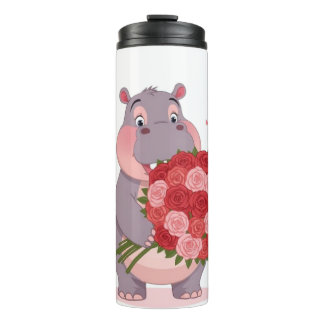 Smiling cartoon hippo holding a huge bouquet thermal tumbler