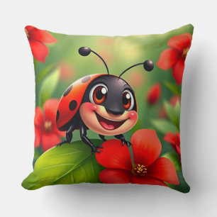 Smiling Cartoon Ladybug Sitting on Flower Cushion