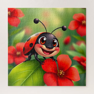 Smiling Cartoon Ladybug Sitting on Flower Jigsaw Puzzle