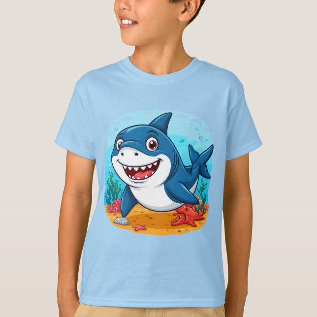 Smiling Cartoon Shark Character T-Shirt (Front)