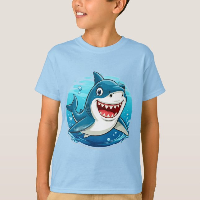 Smiling Cartoon Shark Character T-Shirt (Front)