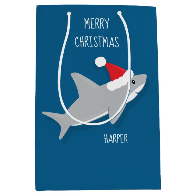Smiling Cartoon Shark in Santa Hat Gift Bag (Front)