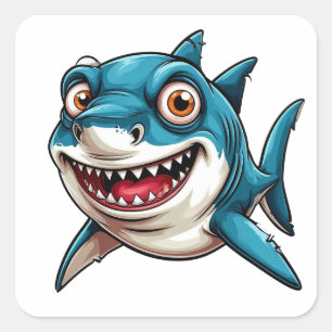 Smiling Cartoon Shark Swimming Underwater Square Sticker