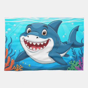 Smiling Cartoon Shark Underwater Ocean Sea Life Tea Towel
