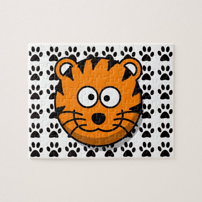 Smiling Cartoon Tiger with Paw Print Background Jigsaw Puzzle (Horizontal)