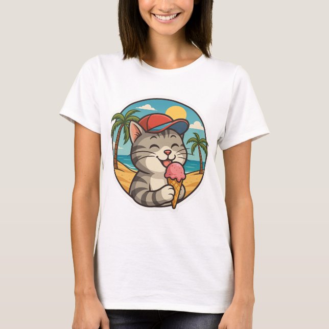Smiling Cat Eating Ice Cream – Cute Summer Sticker T-Shirt (Front)