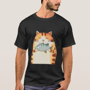 Smiling Cat Hugging Fish Fun T-Shirt