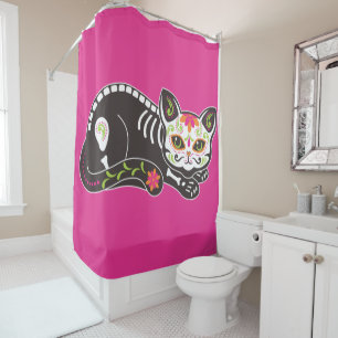 Smiling Cat on Pink Shower Curtain