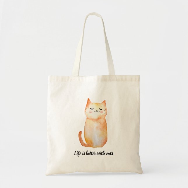 Smiling Cat Tote Bag "Life is better with cats" (Front)
