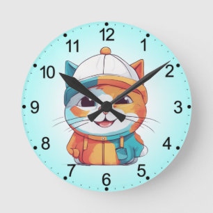 Smiling Cat Wearing Hat Clipart  Round Clock
