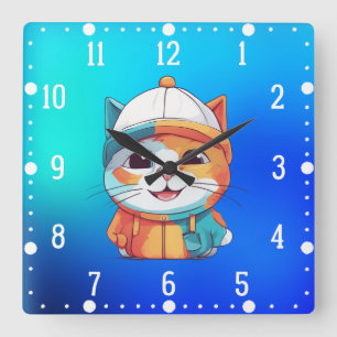 Smiling Cat Wearing Hat Clipart  Square Wall Clock