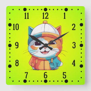 Smiling Cat Wearing Hat Clipart  Square Wall Clock