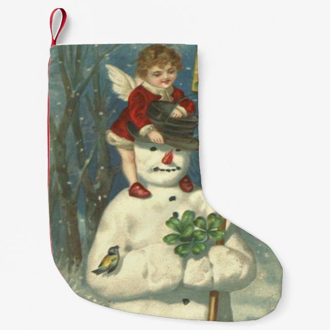 Smiling Cherub Snowman Shamrock Songbird Small Christmas Stocking (Front)