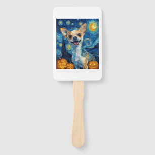 smiling chihuahua dog starry night by Van Gogh fin Hand Fan