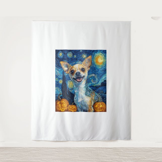 smiling chihuahua dog starry night by Van Gogh fin Tapestry (Front)