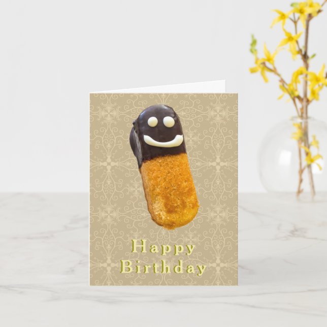 Smiling Chocolate Eclair Pastry Birthday Card (Yellow Flower)