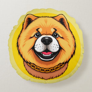Smiling Chow Chow Dog Face and Golden Chain Round Cushion