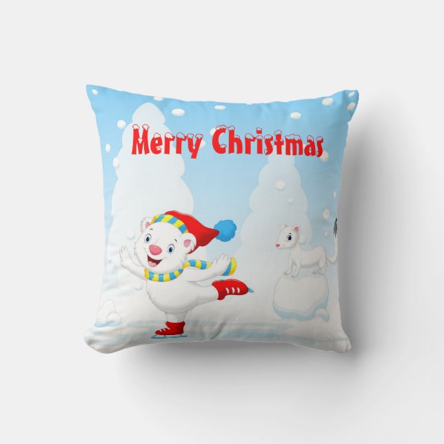 Smiling Christmas Polar Bear Doing Ice Skating Cushion (Front)
