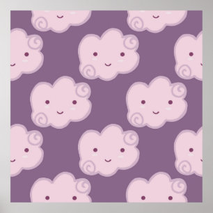 Smiling cloud sky seamless pattern on lilac backgr poster