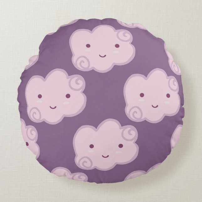 Smiling cloud sky seamless pattern on lilac backgr round cushion (Front)