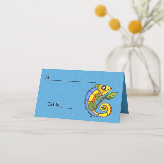 Smiling colourful Cartoon Lizard on Branch Leaf Place Card (Front)