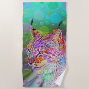 Smiling, colourful lynx - abstract beach towel