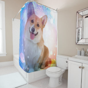 Smiling Corgi under Blue Wave Shower Curtain
