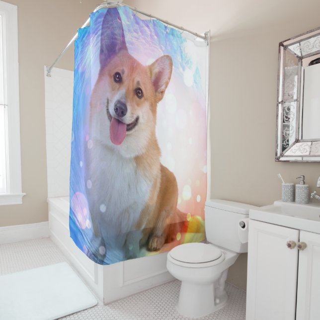 Smiling Corgi under Blue Wave Shower Curtain (In Situ)
