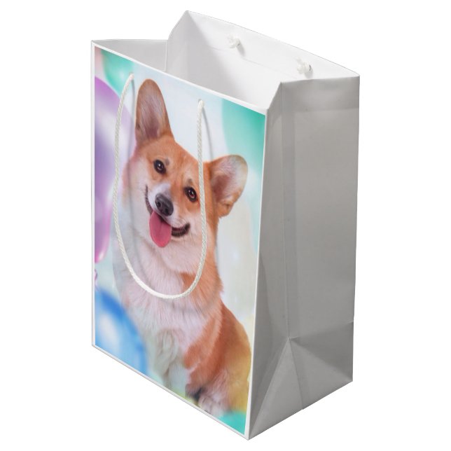 Smiling Corgi with Balloons Medium Gift Bag (Back Angled)