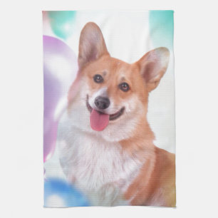 Smiling Corgi with Balloons Tea Towel