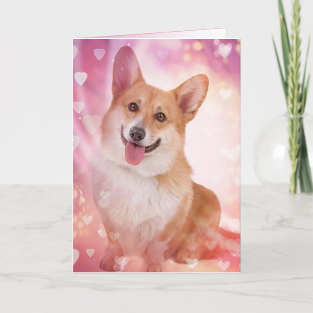 Smiling Corgi with Hearts Valentine Holiday Card (Front)