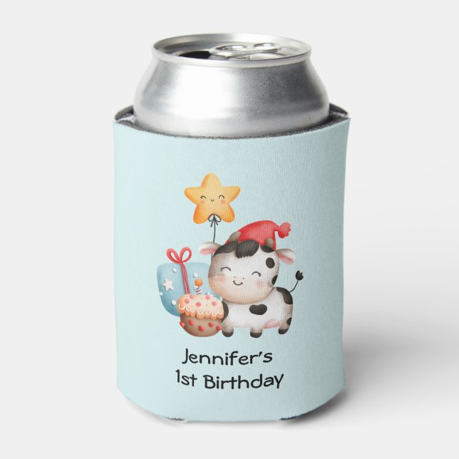 Smiling Cow Cute Adorable Birthday Can Cooler (Can Front)