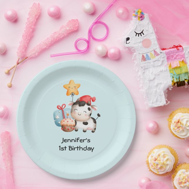 Smiling Cow Cute Adorable Birthday Paper Plate (Party)