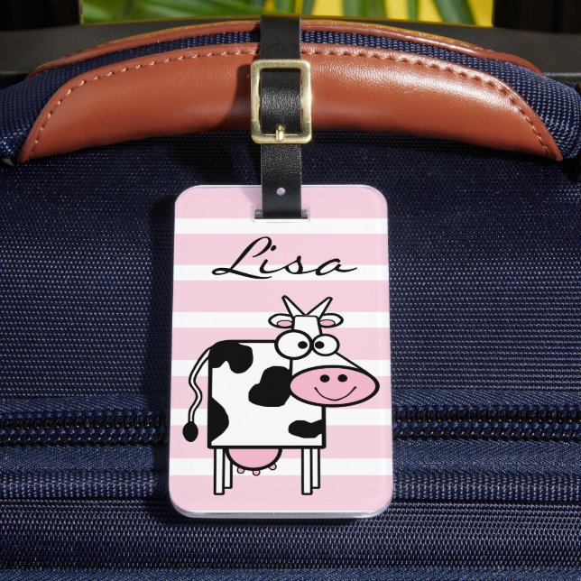 Smiling Cow Girly Animal Print Monogrammed Luggage Tag (Front Insitu 2)