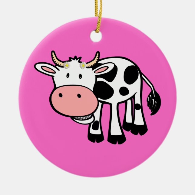 Smiling Cow with Daisies Ceramic Tree Decoration (Front)