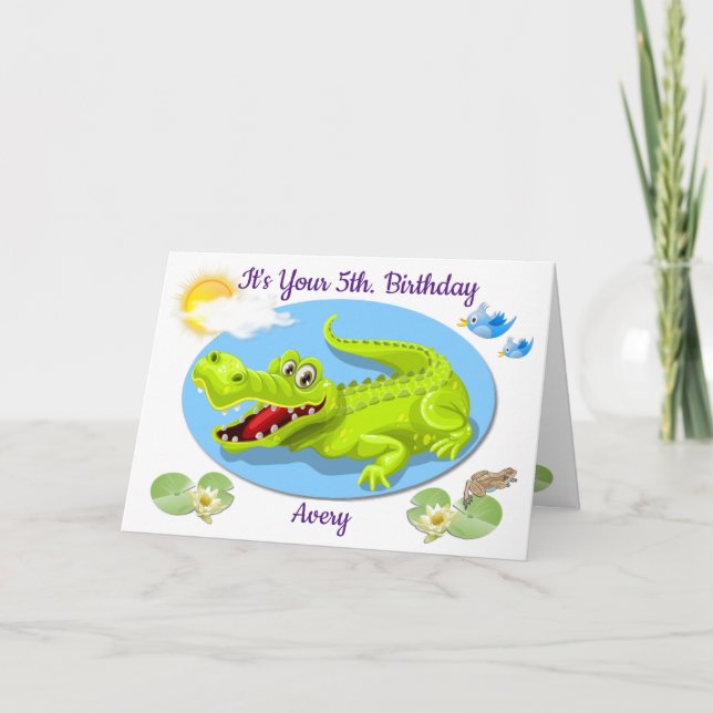 Smiling Crocodile child's age birthday card (Front)