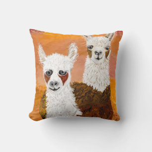 Smiling, Curious Llamas against Golden Sky Cushion