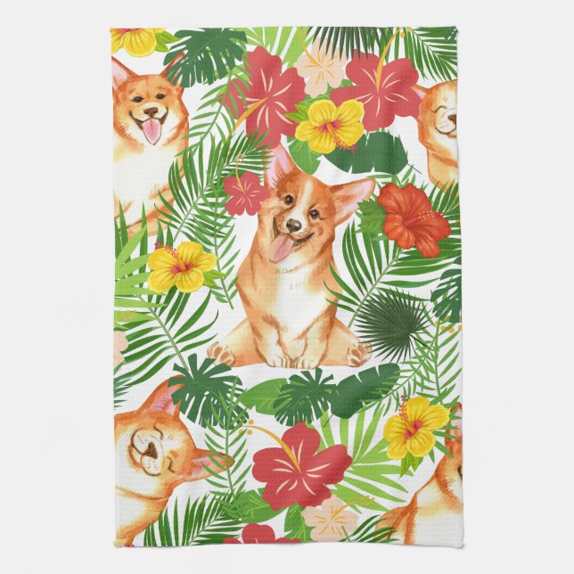 Smiling Cute Corgi Pattern Tea Towel (Vertical)