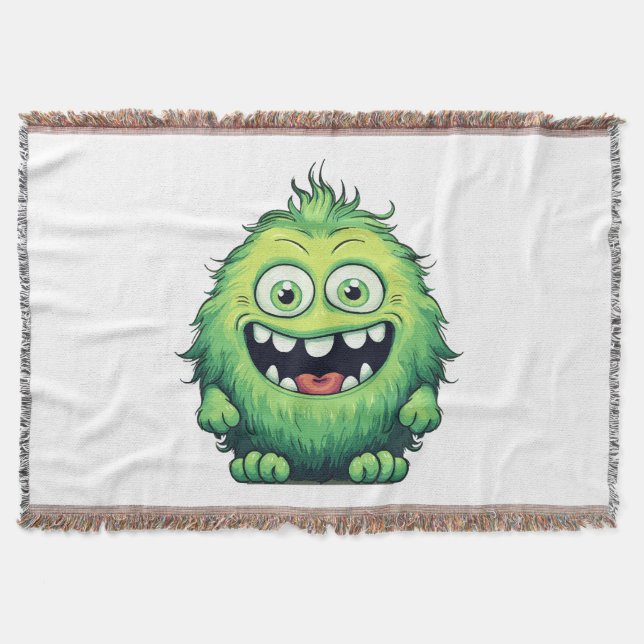 Smiling Cute Green Monster Cartoon Throw Blanket (Front)