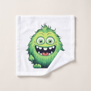Smiling Cute Green Monster Cartoon Wash Cloth