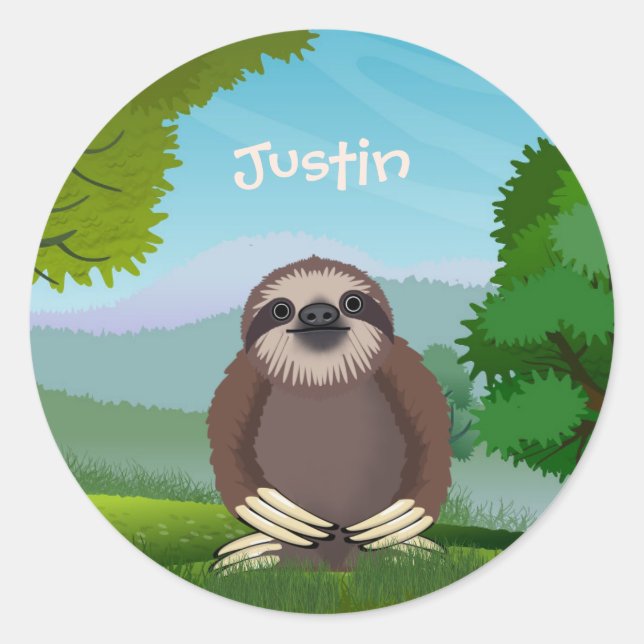 Smiling Cute Sloth Monogrammed Classic Round Sticker (Front)