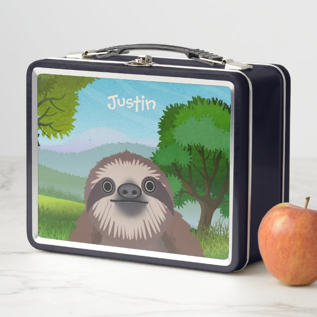 Smiling Cute Sloth Monogrammed Lunch Box (In Situ)