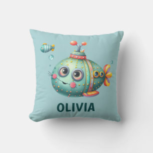 Smiling Cute Submarine with Fish and Bubbles Cushion