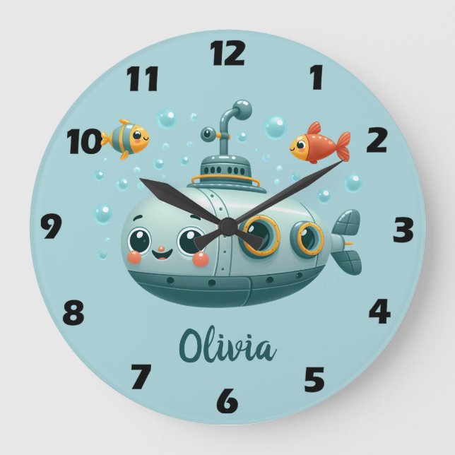 Smiling Cute Submarine with Fish and Bubbles Large Clock (Front)