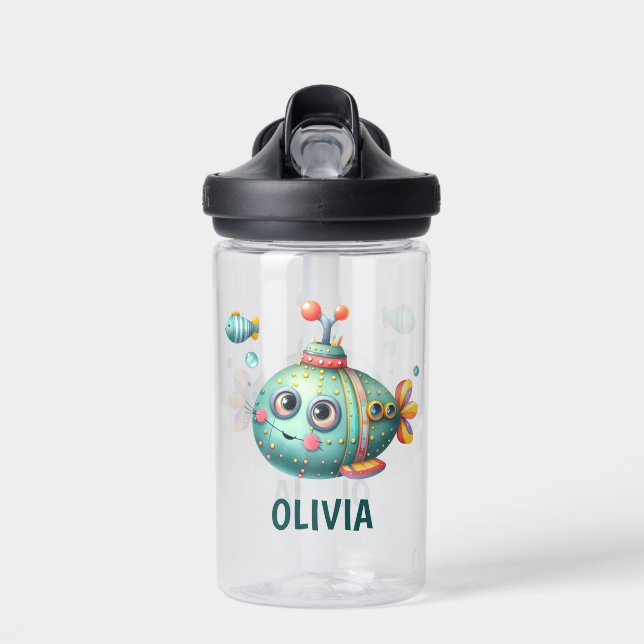 Smiling Cute Submarine with Fish and Bubbles Water Bottle (Front)