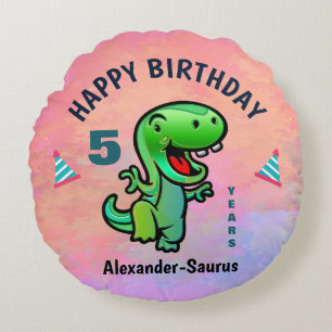 Smiling Dinosaur Green Personalise Birthday Round Cushion