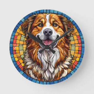 Smiling dog in mosaic background round clock