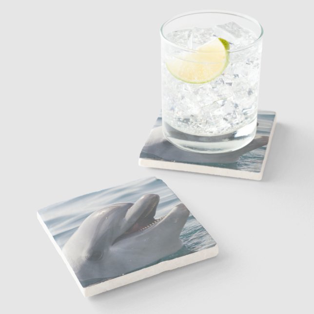 Smiling Dolphin Close‑Up Over Sunlit Blue Water Stone Coaster (Side)